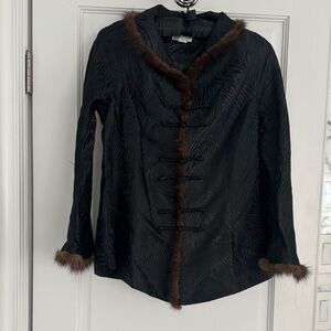 Elegant Black Silk with Real Brown Mink Fur Trimmed Jacket